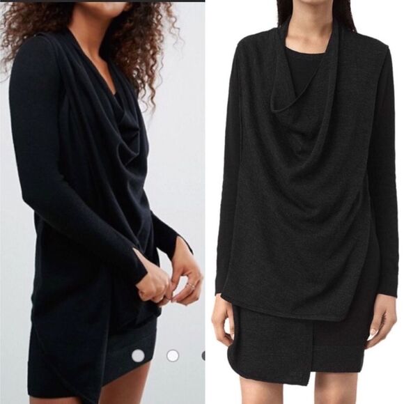 AllSAINTS Drina Draped Long Sleeve Mini Dress Charcoal Black 2 - Picture 4 of 13
